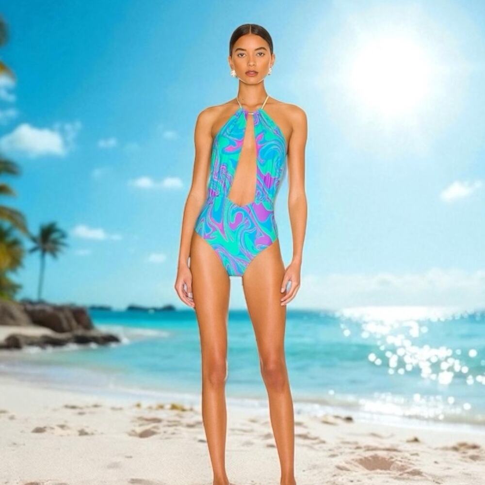Weworewhat Plunging‎ Neckline One Piece Swimsuit Marble Ocean Blue XL New